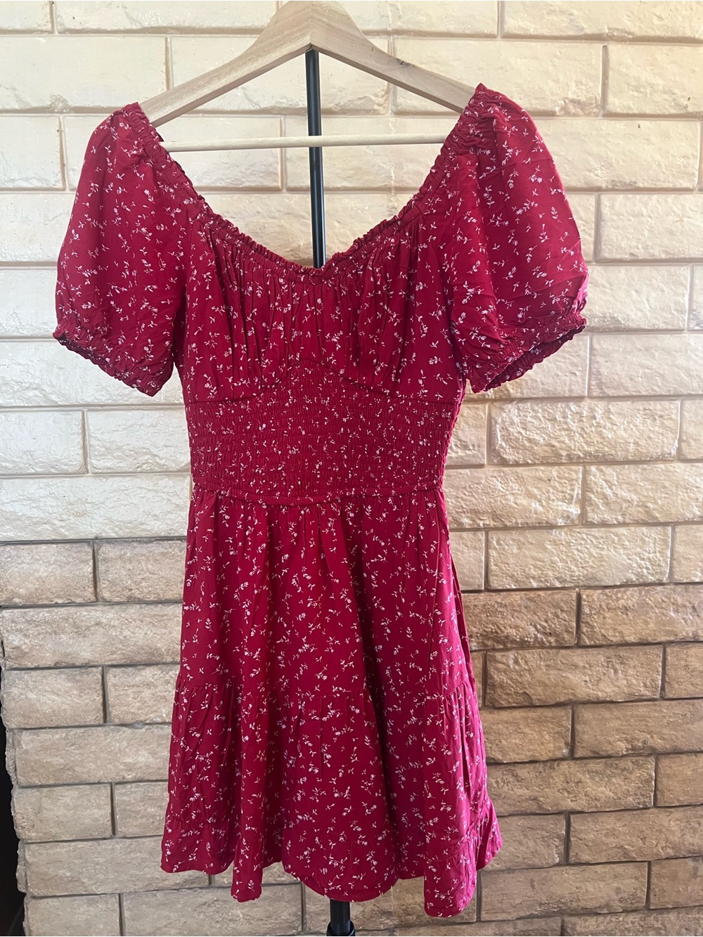 Red Smocked Puff Sleeve Mini Dress Hollister
